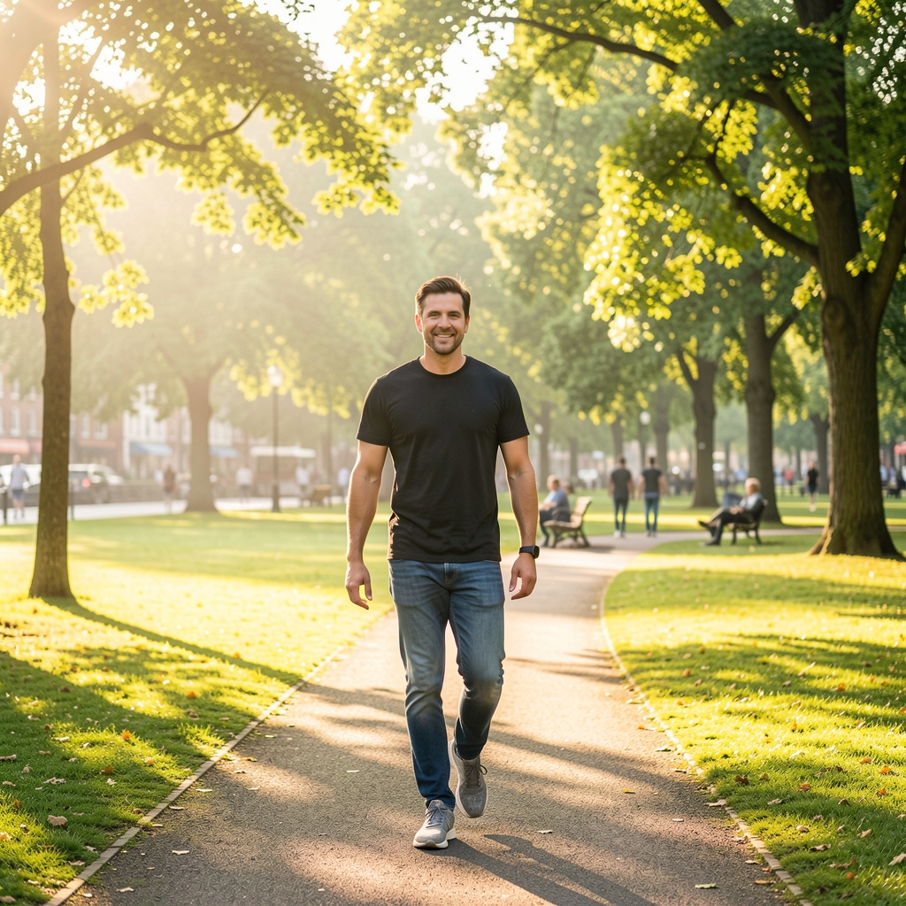 Man walking through a bright Manchester park in morning light, editorial energy health scene — Krenvel editorial