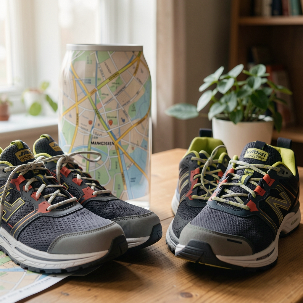 Glass water bottle beside walking shoes and a Manchester street map — Krenvel editorial