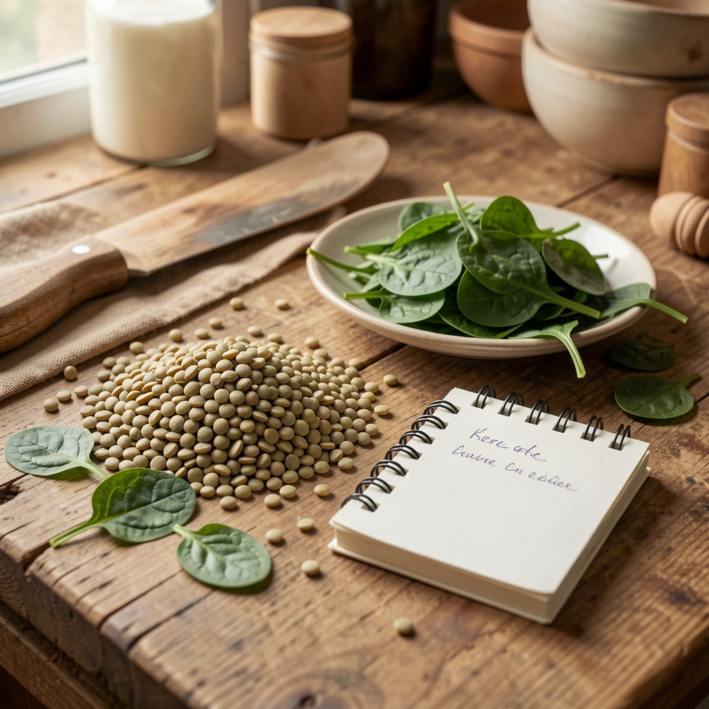 Lentils, spinach and a small recipe notebook on a natural kitchen surface — Krenvel editorial